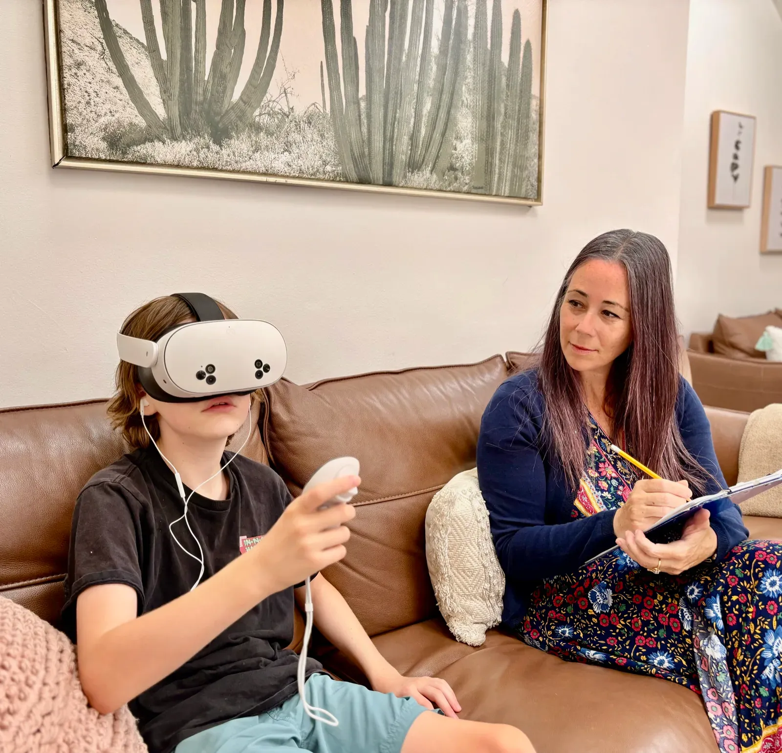 A student wearing a virtual-reality headset during an attention assessment